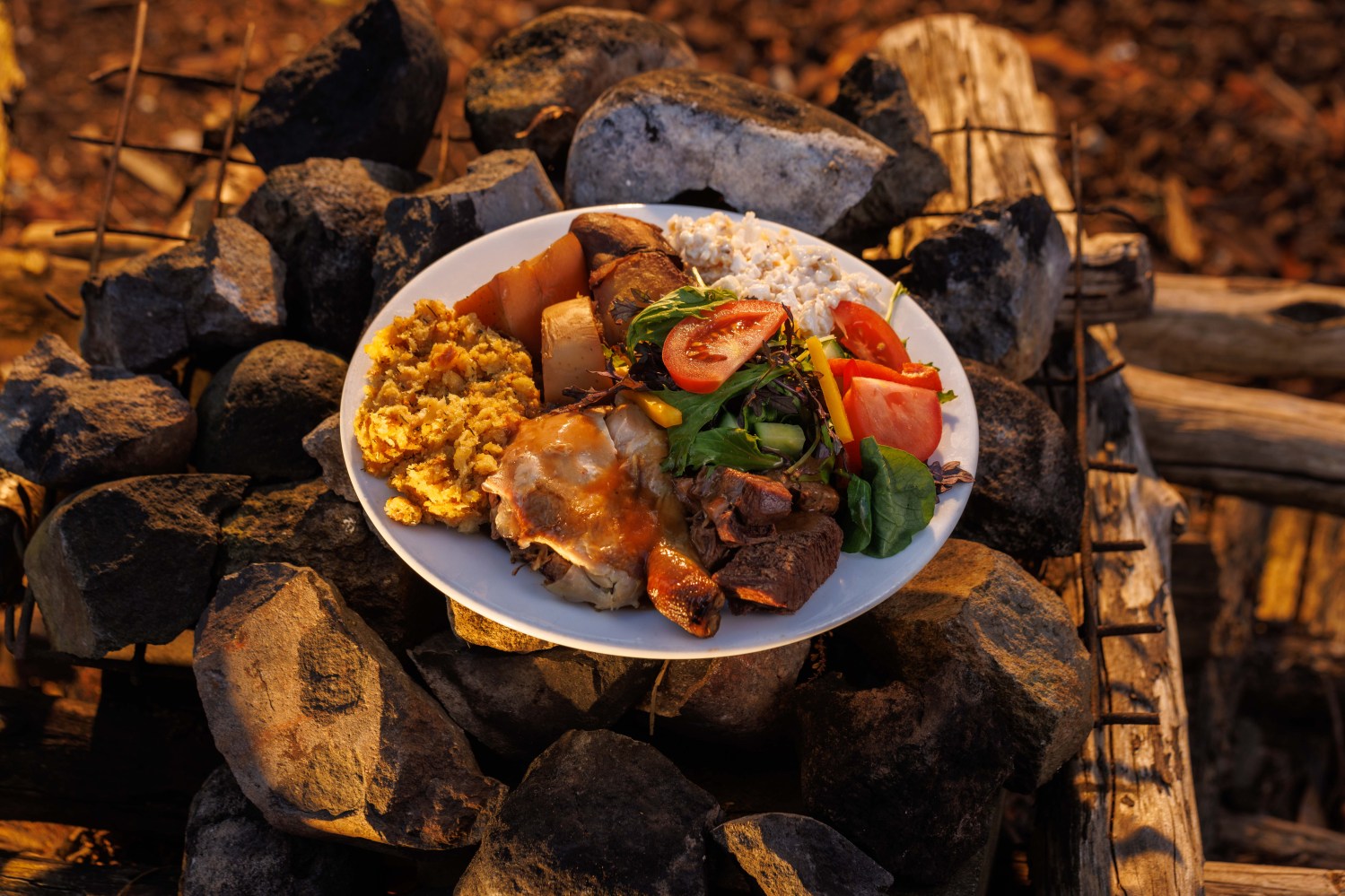 a plate of food sitting on a rock